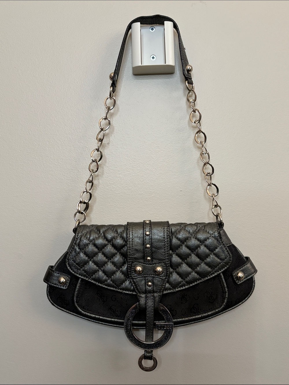 Guess Quilted Shoulder Bag with Silver Chain